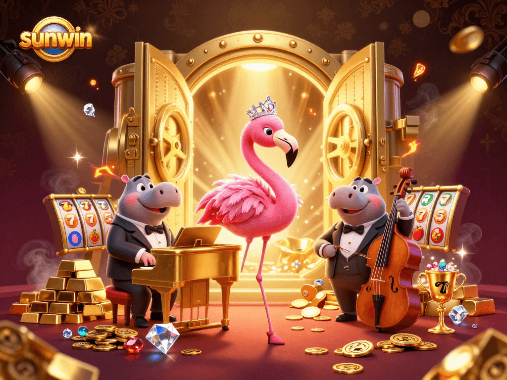 Experience the sunwin excitement with a vibrant casino scene featuring a flamingo singer and hippo bassist.