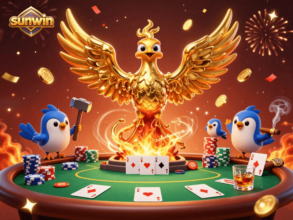 Experience sunwin's thrilling gameplay with a dynamic 3D illustration showcasing a molten metal phoenix.