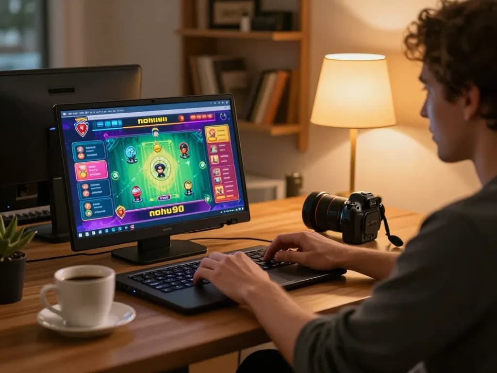 Engaging nohu90 player enjoying an online gaming session on laptop at home.