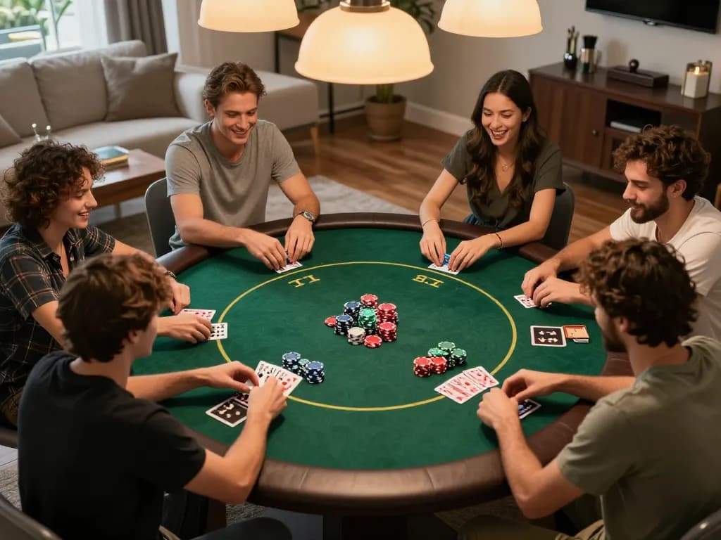 Players engaged in a thrilling poker game at home, enjoying the unique 22ff.br.com gaming experience.