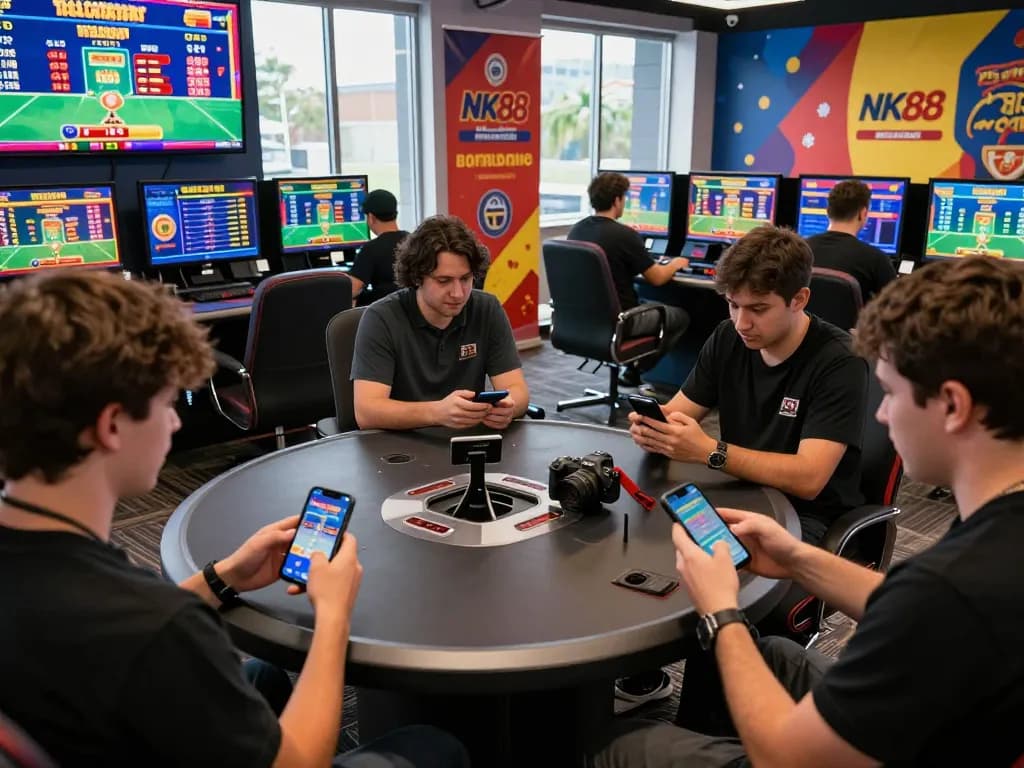 Exciting NK88 online casino scene with players engaging in live games and sports betting, showcasing vibrant setups.