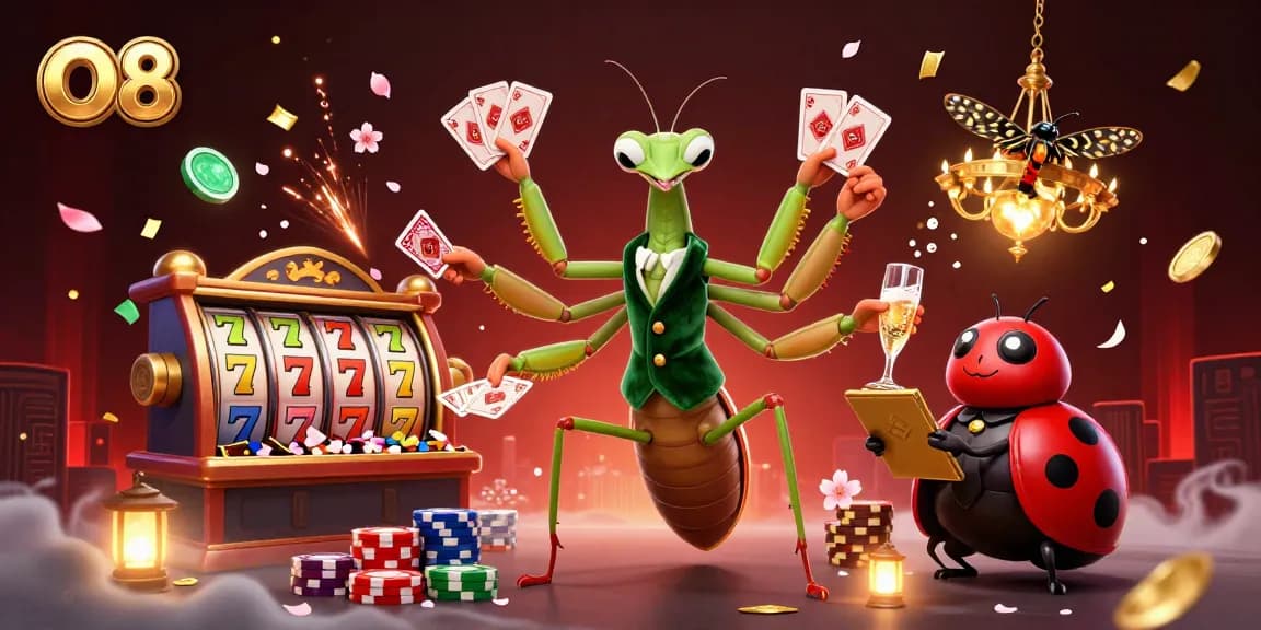 Experience the excitement of O8 with a vibrant illustration featuring a praying mantis card sharp and lucky 7s in a casino.