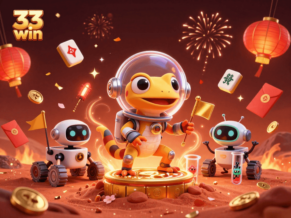 Experience the thrill of winning at 33 win with a colorful casino scene featuring a Martian gecko.