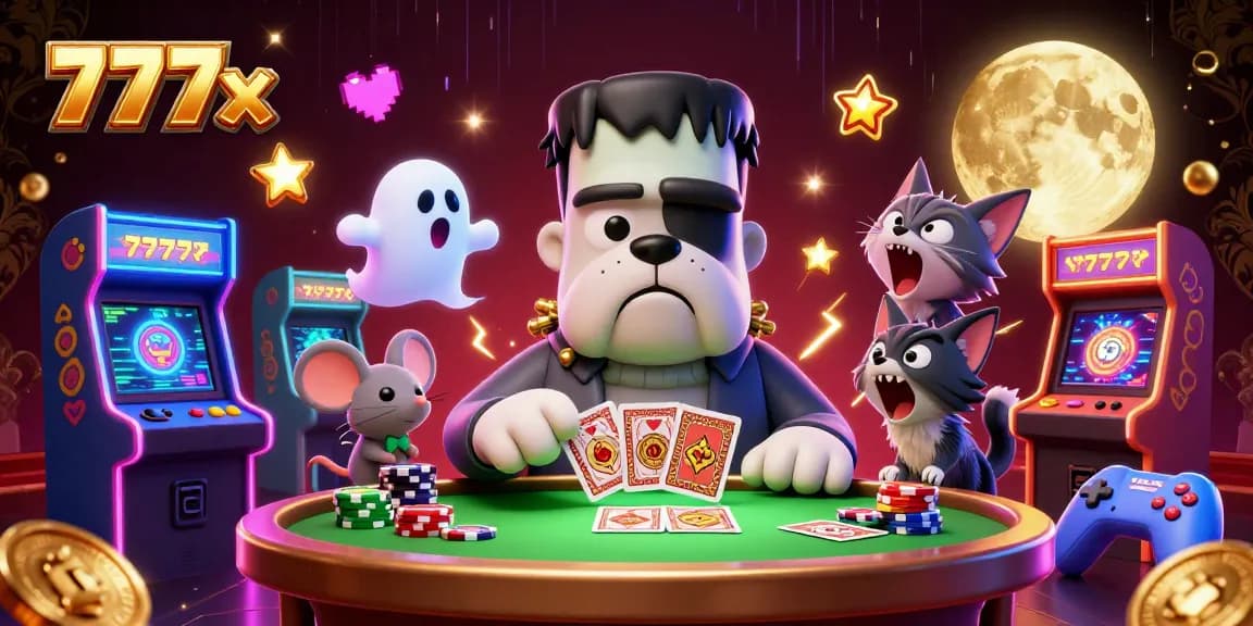 Engage in thrilling 777x card games with unique characters at a spooky casino table