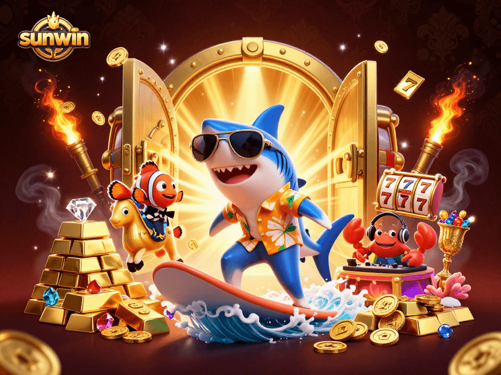 Engage with the thrilling sunwin casino scene featuring vibrant characters and dazzling gold elements in action.