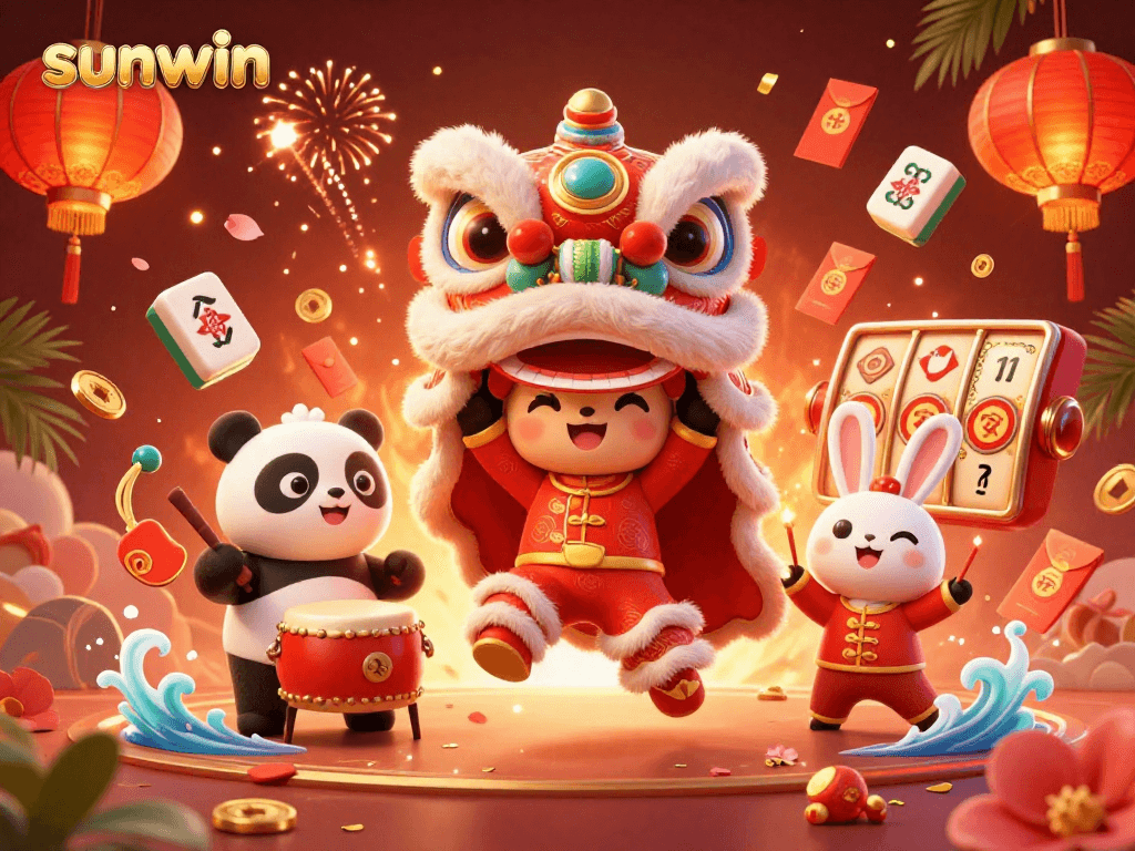 Engage with sunwin's vibrant 3D casino scene showcasing a lion dance, lucky symbols, and energetic celebration.