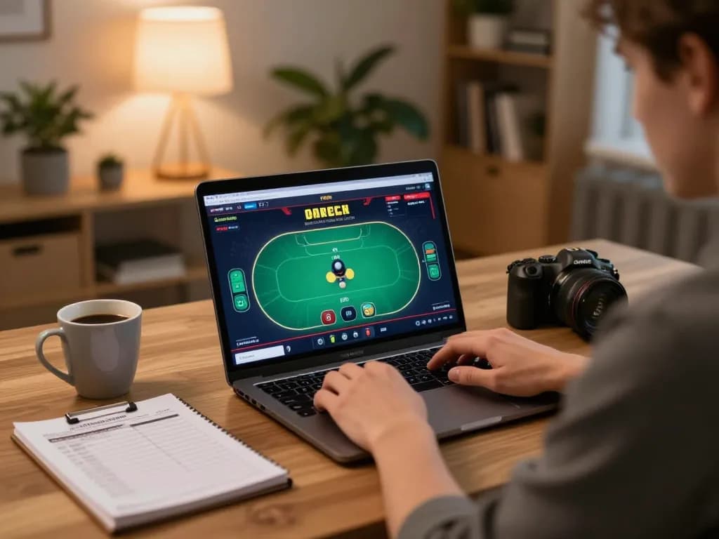A player engaging in online poker at home using KJC platform, showcasing a focused gambling environment.