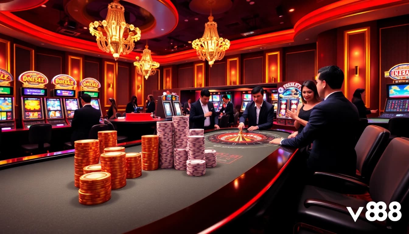 Thrilling gaming action at vn88 casino with baccarat, poker chips, and roulette wheel.