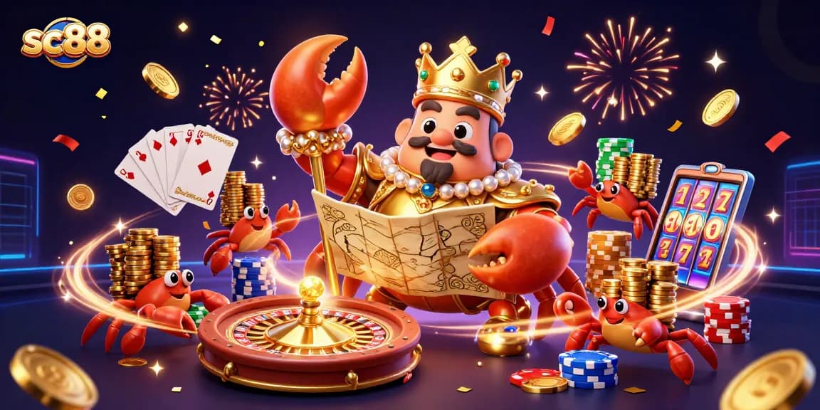 Experience thrilling gameplay with sc88, as the golden crab emperor presides over a vibrant casino scene filled with treasures.