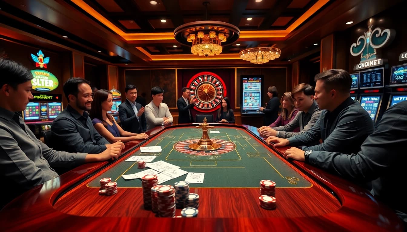 Players engage in high-stakes bets at a Bongdanet-inspired luxurious casino table.