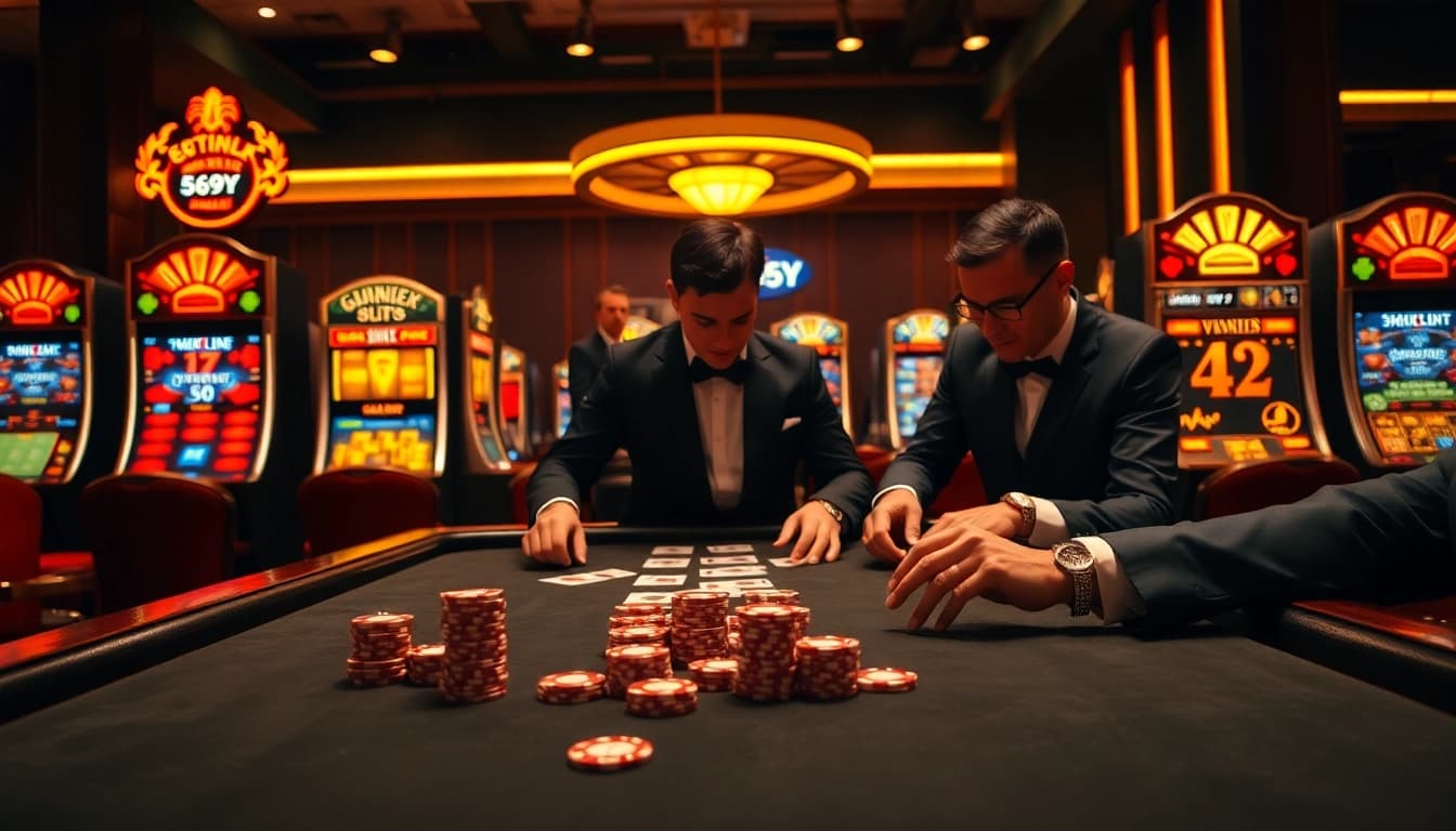 Jogue na elegante mesa de blackjack com fichas 69Y e cartas em um ambiente luxuoso.
