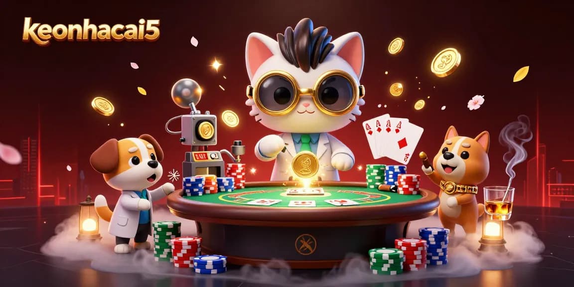 Engage in thrilling poker games at keonhacai5 with a vibrant illustration highlighting chips and cards.