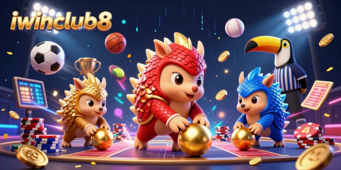 iwinclub8 showcases rival pangolins in a dynamic casino scene filled with poker chips and sports action.