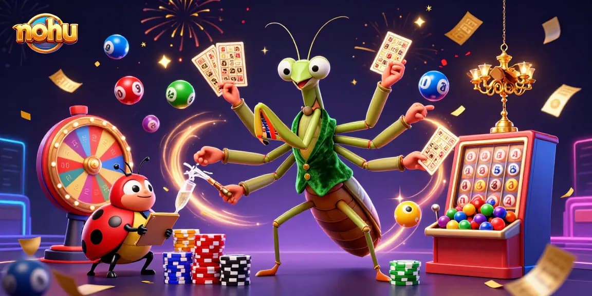 Join the action with nohu as the giant praying mantis card sharp delivers winning plays in a vibrant casino scene.