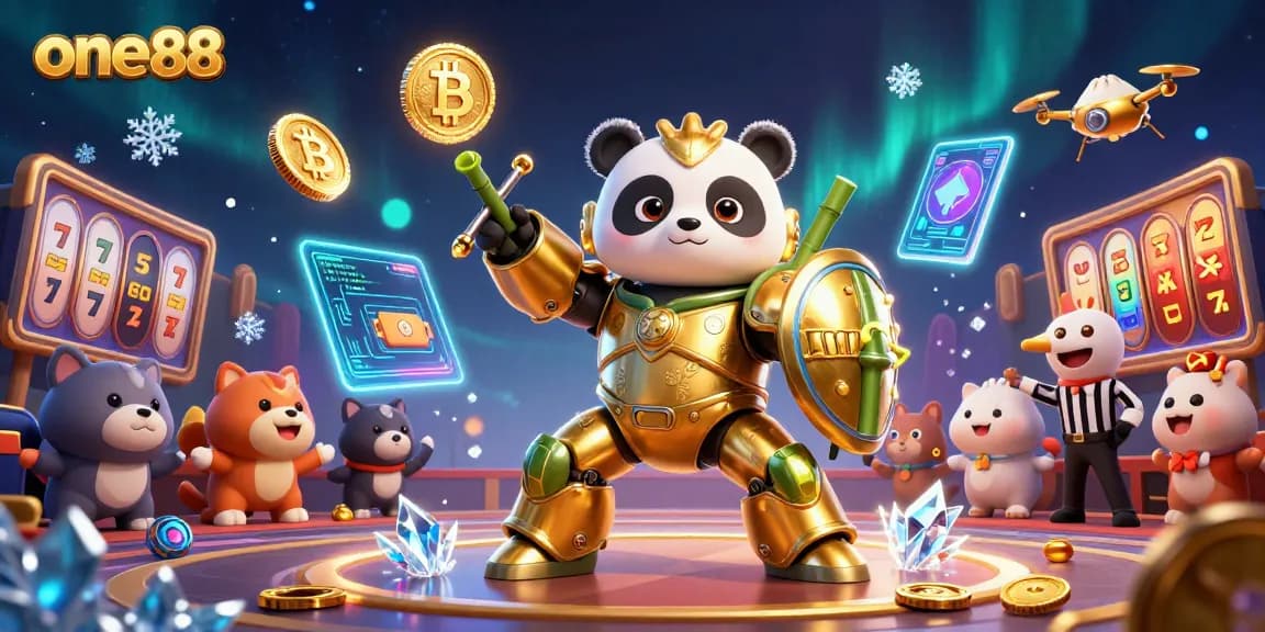 Engage with one88's dynamic gaming scene featuring a golden panda piloting a robot amid vibrant casino elements.