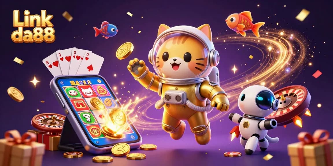 Play exciting games with Link da88 featuring a lively illustration of an astronaut cat and robot dog.
