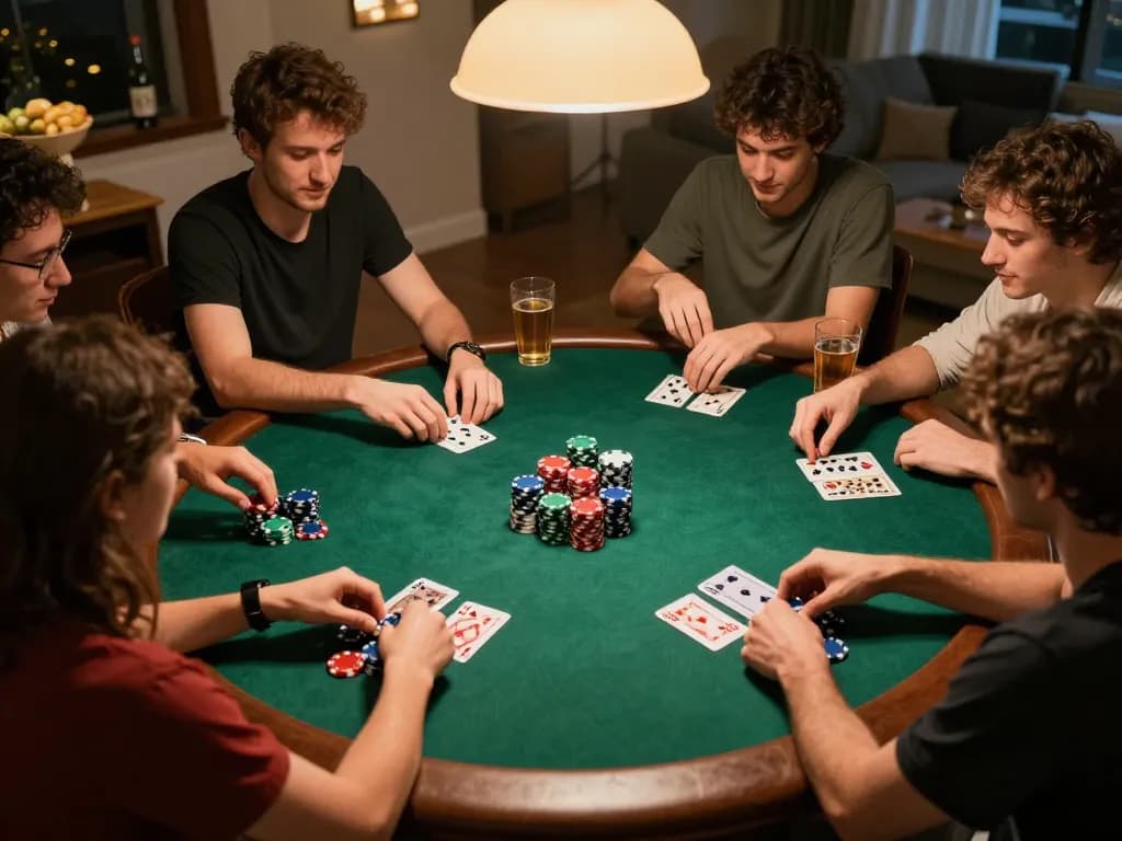 Players engaging in a lively poker game at home, showcasing 75W energy and excitement during strategic gameplay.