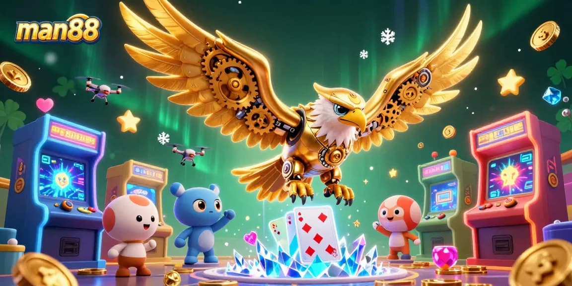 Engage in thrilling jackpots at man88 with a cybernetic eagle soaring through holographic cards.