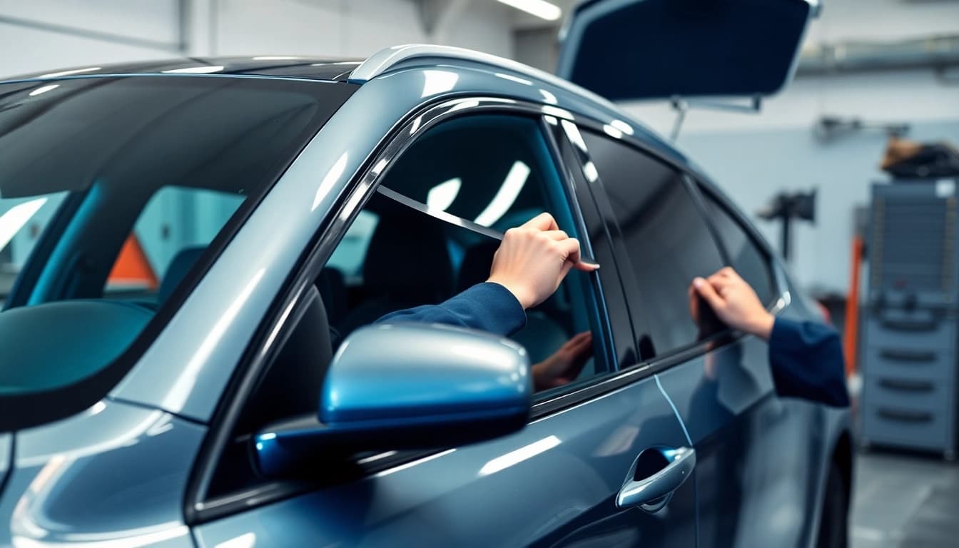 Auto window tint near me being expertly applied by a technician in a modern workshop.