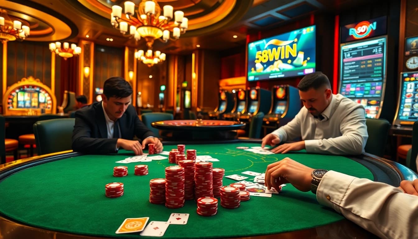 Players engage in a thrilling poker game at 58WIN's luxurious casino table, showcasing excitement and strategy.