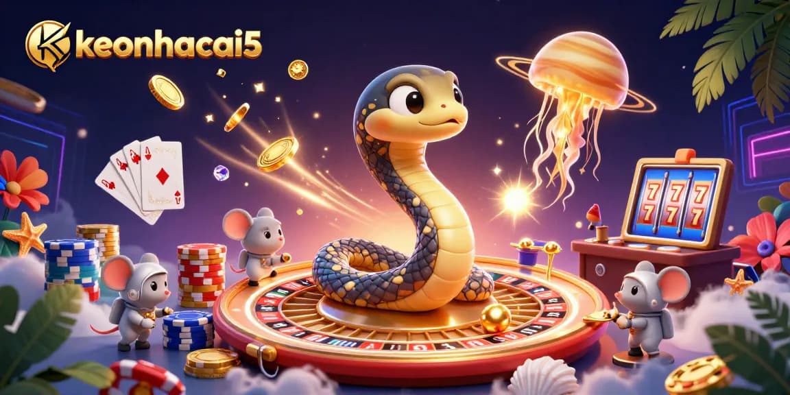 Place your bets with keonhacai5 in a whimsical cosmic casino scene featuring a roulette wheel and vibrant characters.