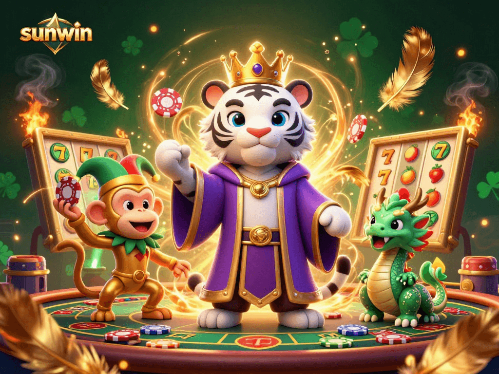 Experience the thrill of sunwin as a white tiger and golden monkey create a dynamic casino scene.