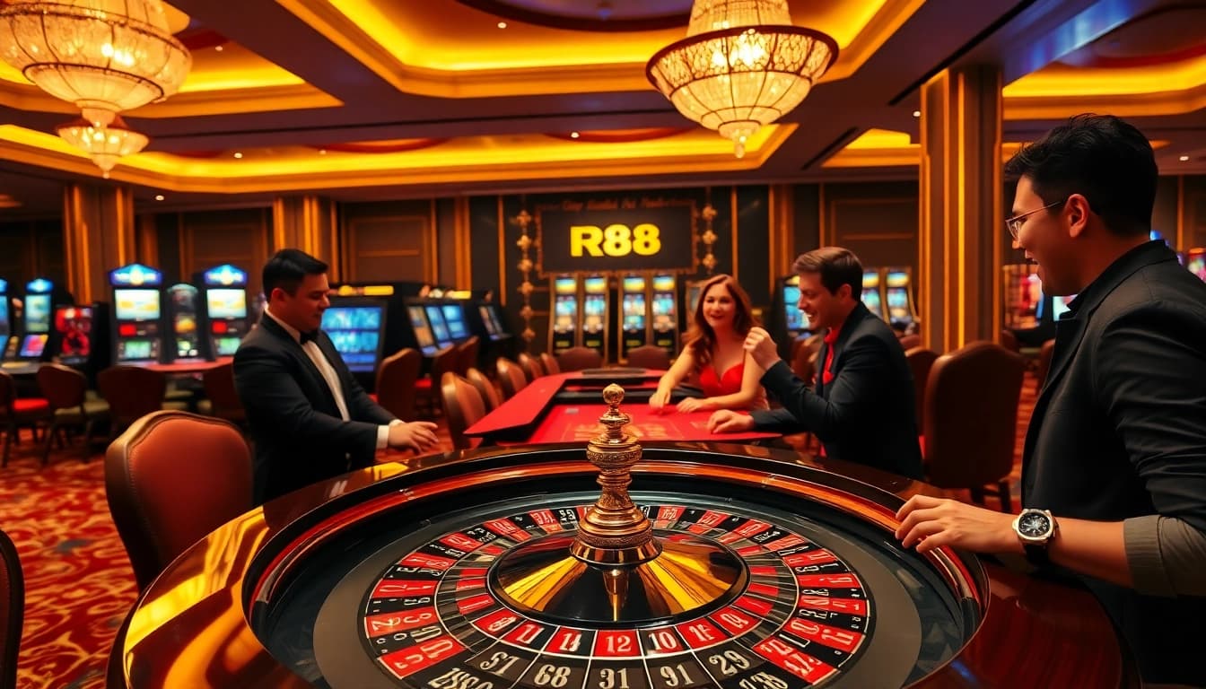 Engaging scene at RR88 Casino with players enjoying blackjack and roulette.