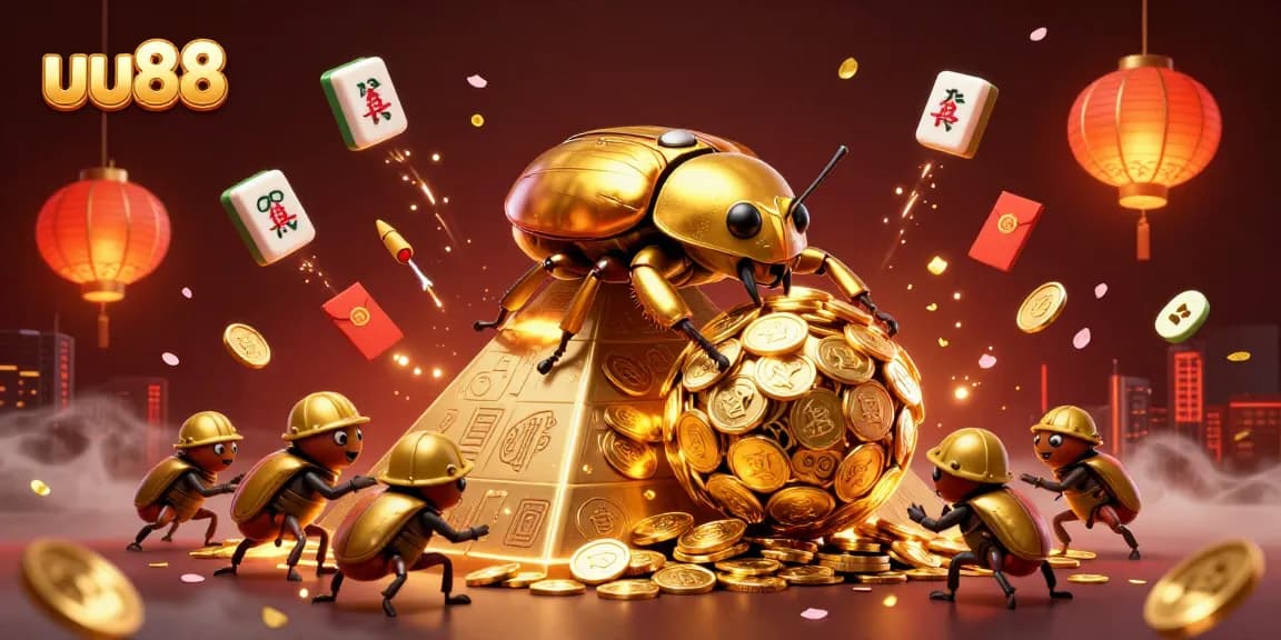 Experience thrilling gaming with uu88, featuring a golden beetle rolling coins and vibrant casino elements.
