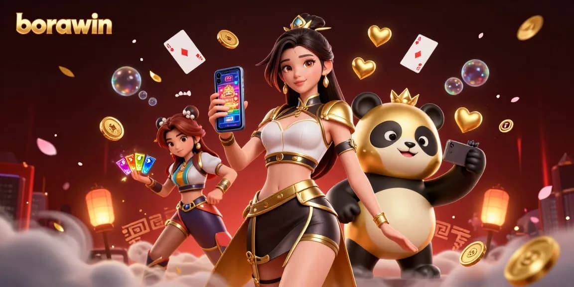 Jogue jogos de cassino como a borawin com uma mulher asiática, mascote panda dourado e ricos elementos de jogos em 3D.