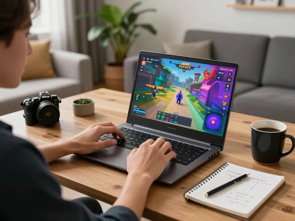Playing Jogo 559X on a laptop in a cozy home environment, showcasing responsible gaming.