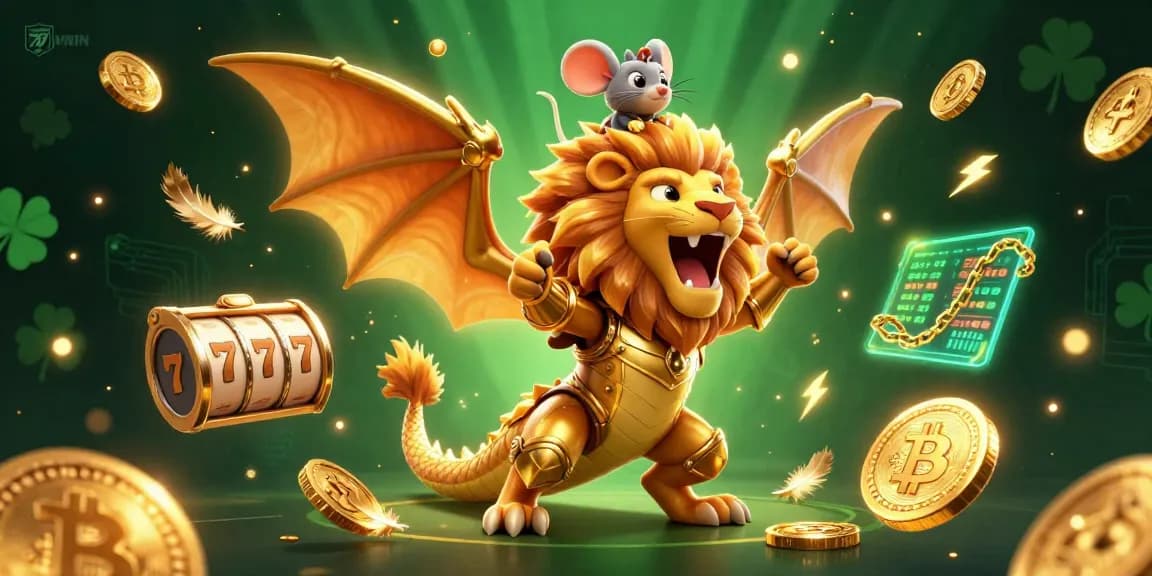 Experience the thrill of winning with 78WIN in this vibrant 3D casino scene highlighting golden chimera and floating slots.