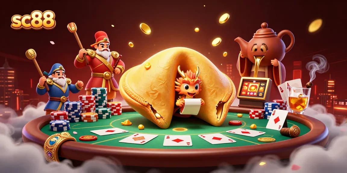 Experience thrilling action at SC88 with a golden fortune cookie scene filled with vibrant poker games.