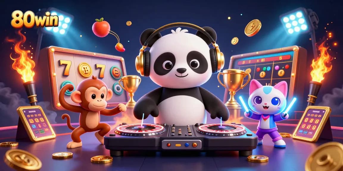 Experience the excitement of 80win through this dynamic 3D illustration featuring lively characters and casino elements.