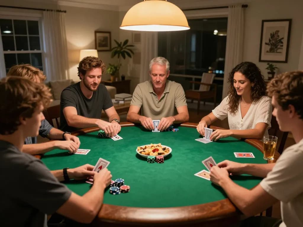 Enjoying a friendly poker game with rokok88 login strategy in action among friends at home.