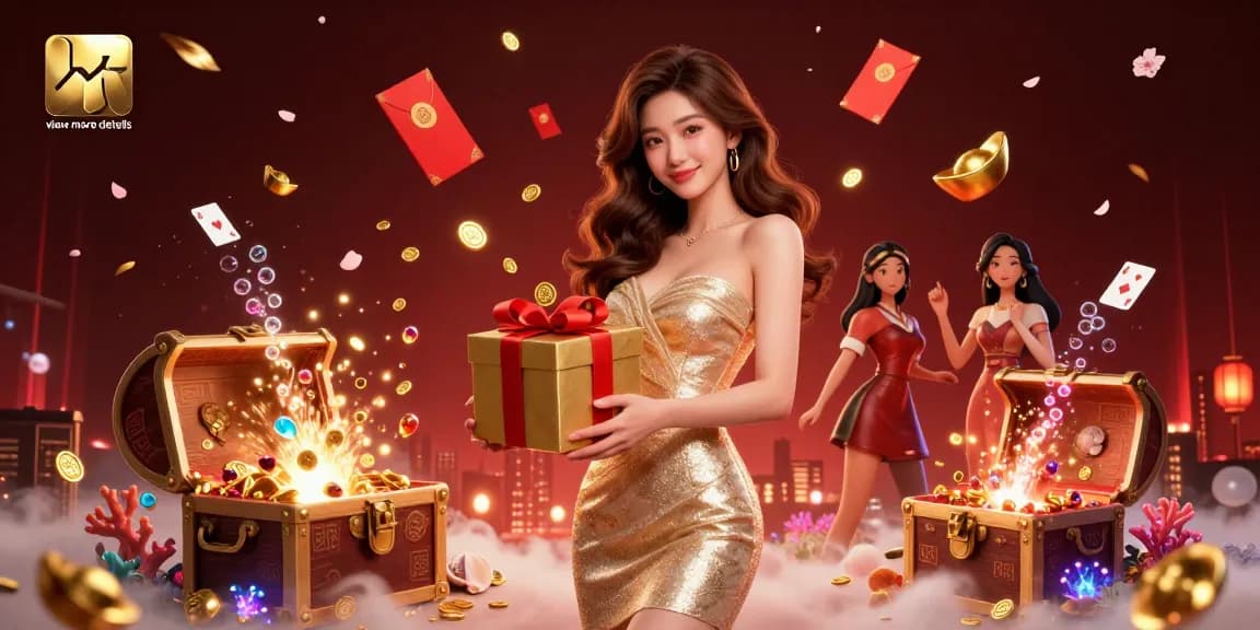 Play slots and view more details in a festive casino scene filled with gold coins and vibrant elements.