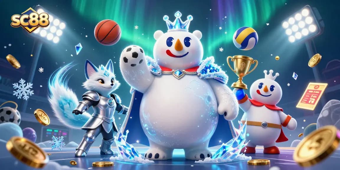 Experience the thrill of sc88 with a vibrant 3D casino scene featuring dynamic characters and sports elements.