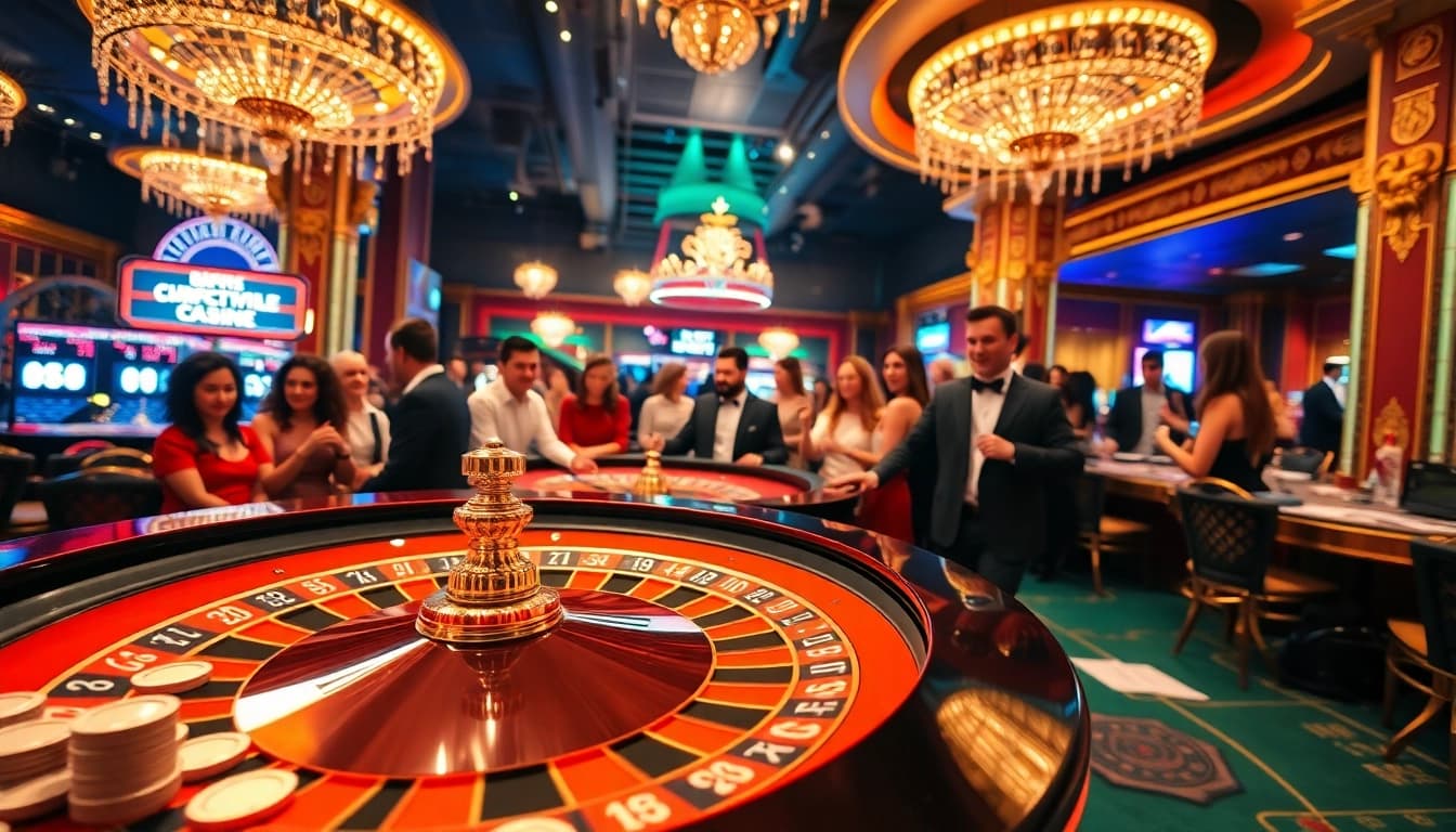 Casinos en ligne avec un atmosphère de jeu dynamique, mettant en avant des joueurs autour d'une table de roulette.