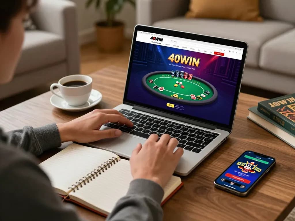 Player engaging with 40WIN poker site in a cozy home setting, highlighting responsible gambling and strategy.