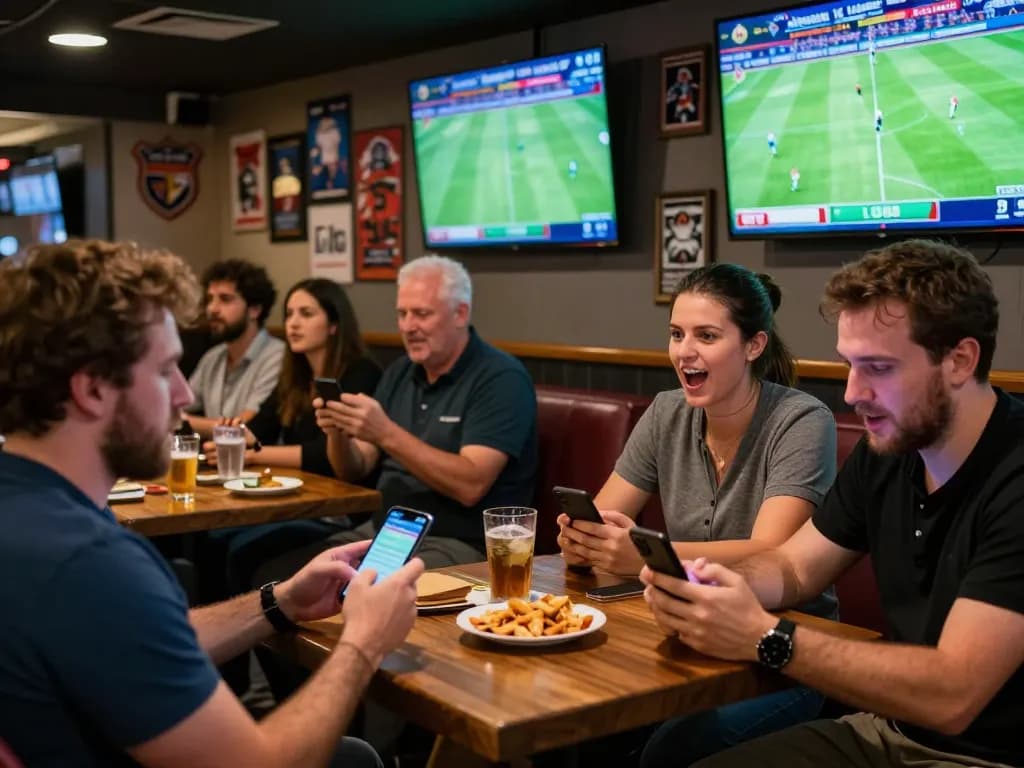LU88 live betting fans placing wagers during an exciting soccer match at a vibrant sports bar
