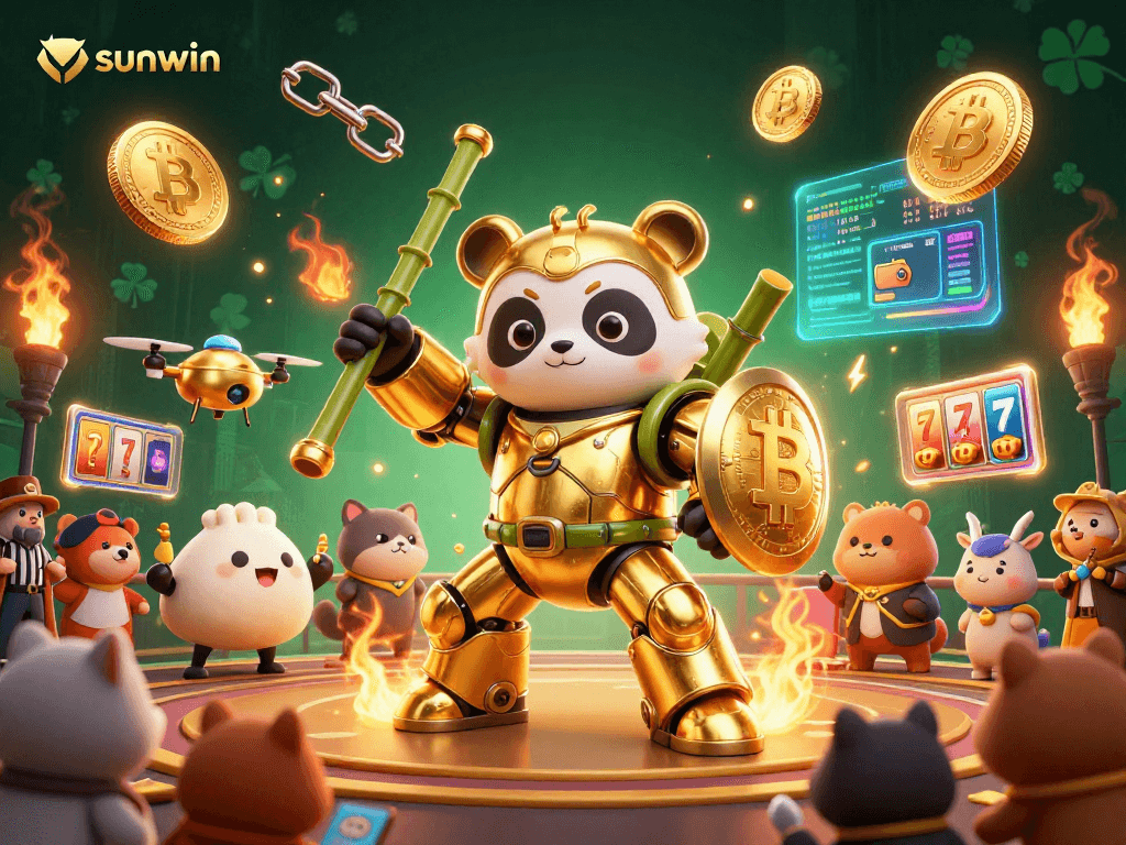 Engage in exciting casino action with sunwin while the golden panda battles with vibrant gaming elements.