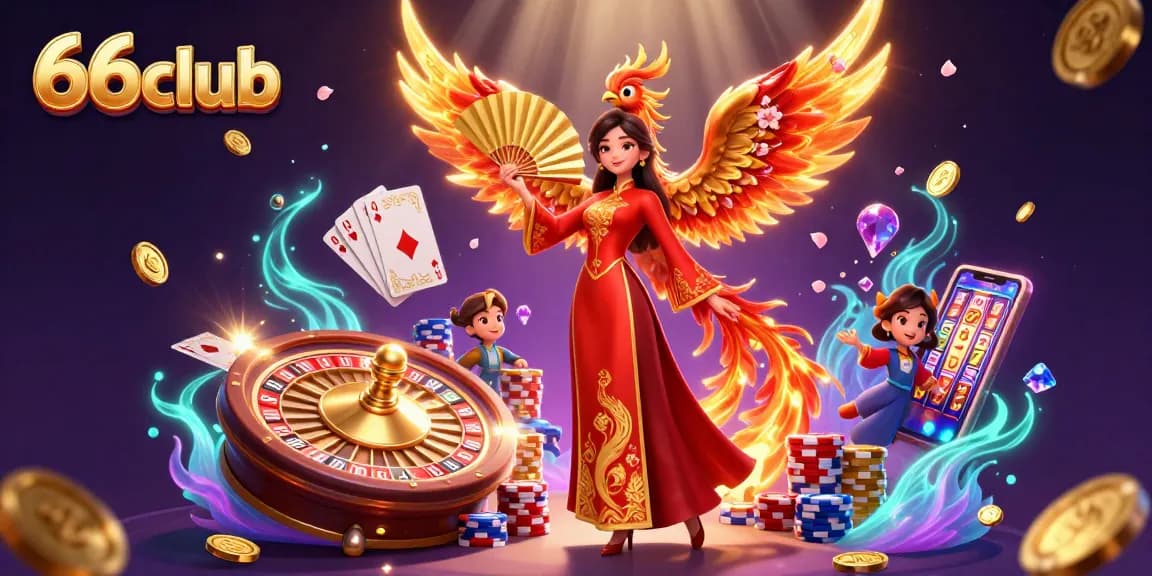 Engage with exciting 66club gaming featuring vibrant visuals of slots, cards, and golden coins.