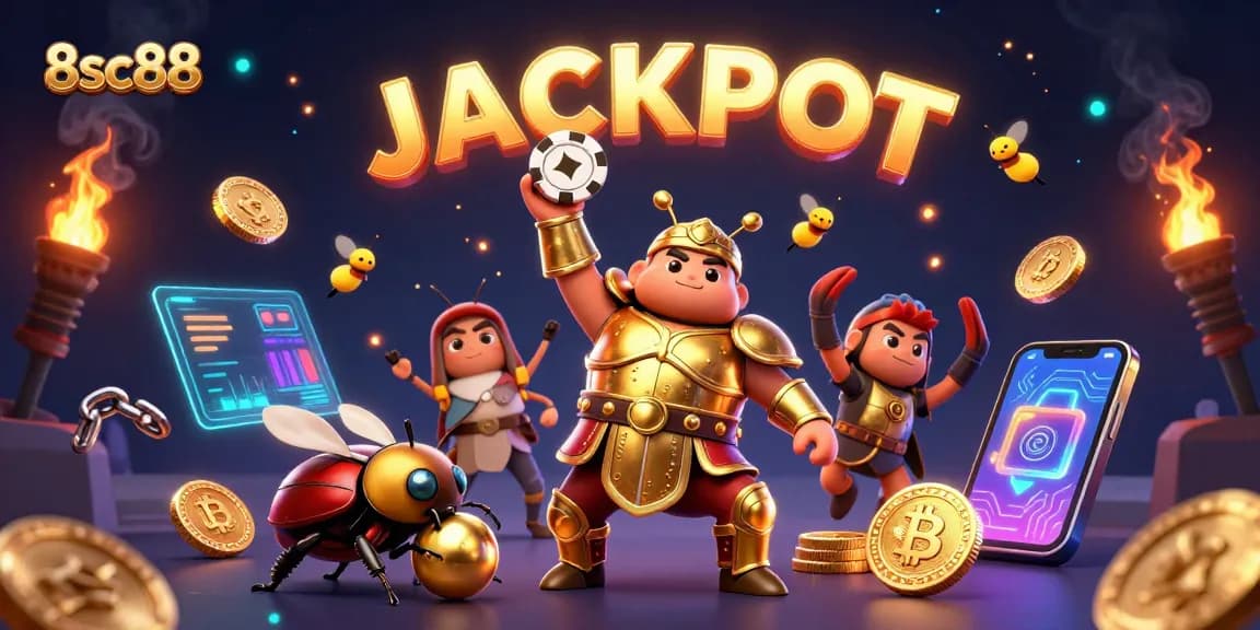 8sc88 celebrates victory with a 3D cartoon beetle lifting a poker chip amid shimmering casino elements.