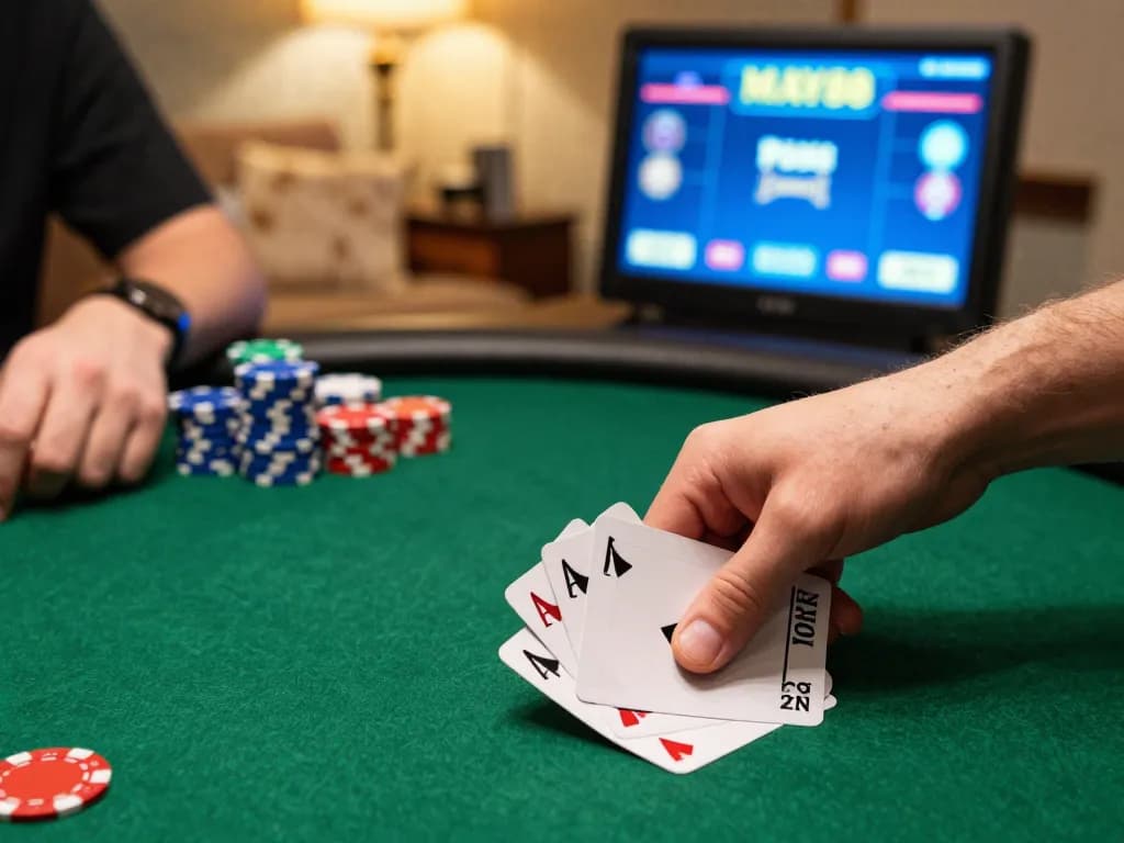 MAY88 poker player revealing winning hand during an exciting online game