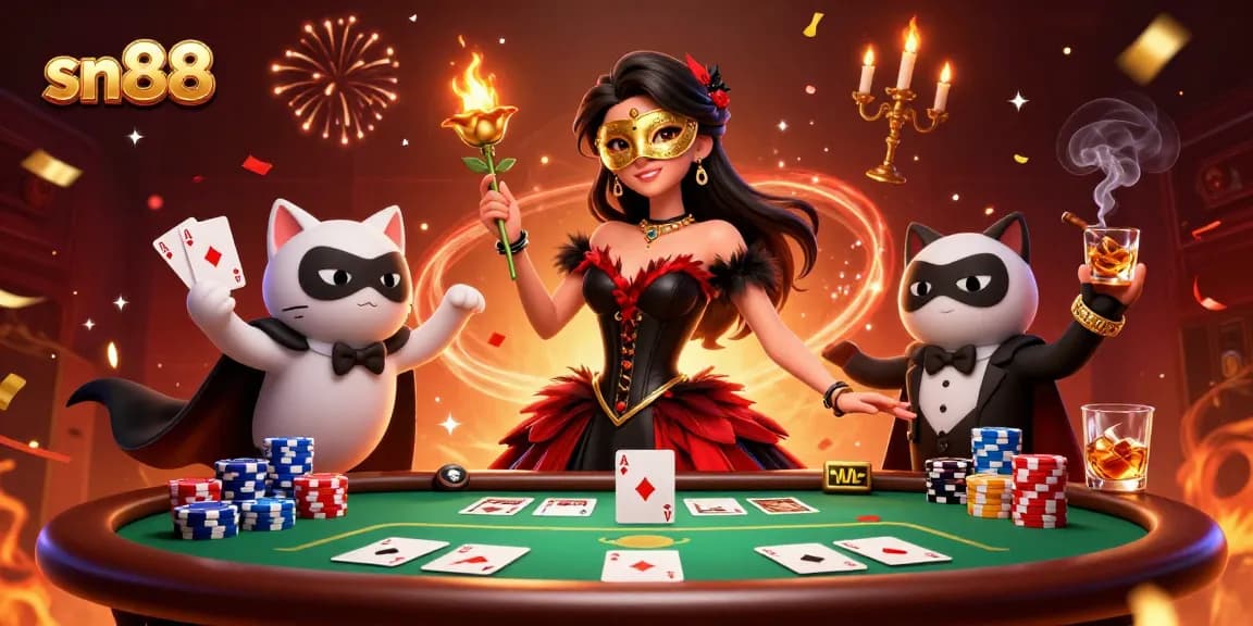 Experience thrilling poker moments at sn88 with a glamorous lady and flamboyant cat companion.