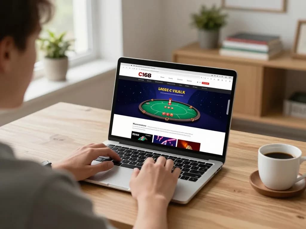 C168 online gaming experience with player engaged in poker action on laptop