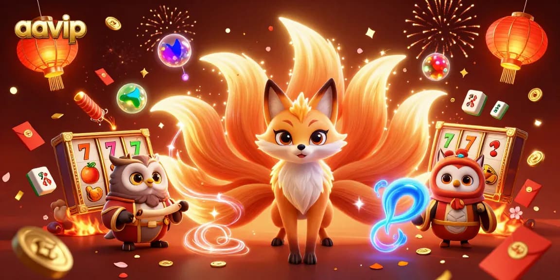Experience thrilling slots and jackpots with AAVIP's vibrant illustration of a spirited fox and wise owl.