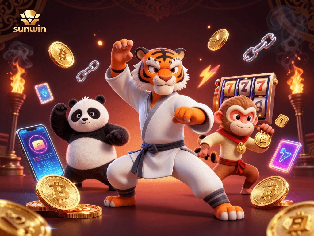 Spin to win with sunwin’s vibrant 3D illustration of a kung fu tiger in a casino setting.