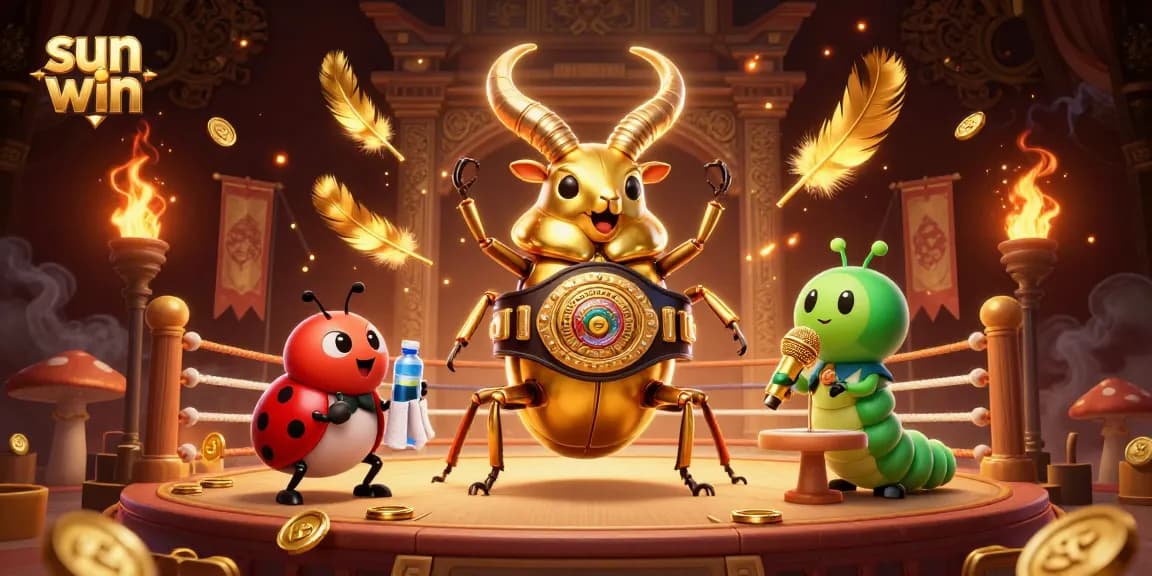 Experience sun win in this dynamic 3D illustration featuring a golden stag beetle and betting tokens.