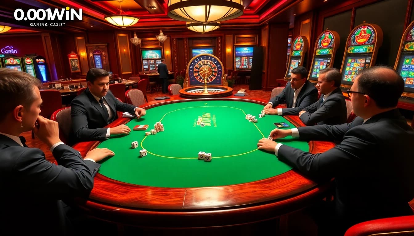 Jogadores fazendo apostas em uma mesa de poker 001WIN, em uma atmosfera de cassino luxuoso.
