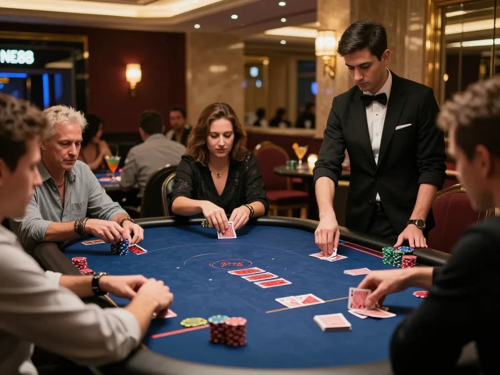 Players strategizing at ONE88 poker table in a luxurious VIP gaming setting